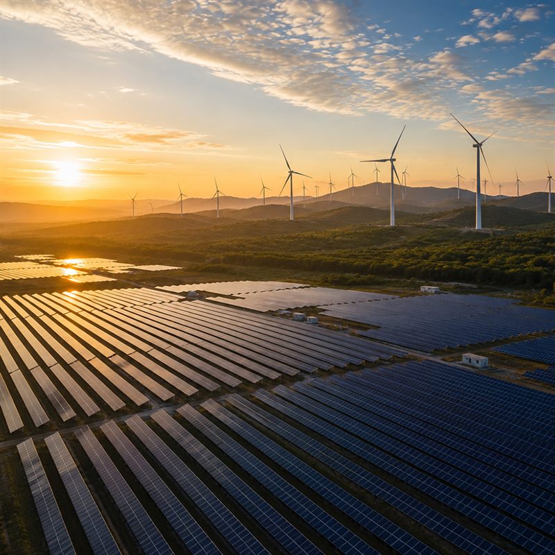 Parque solar e eólico ao pôr do sol